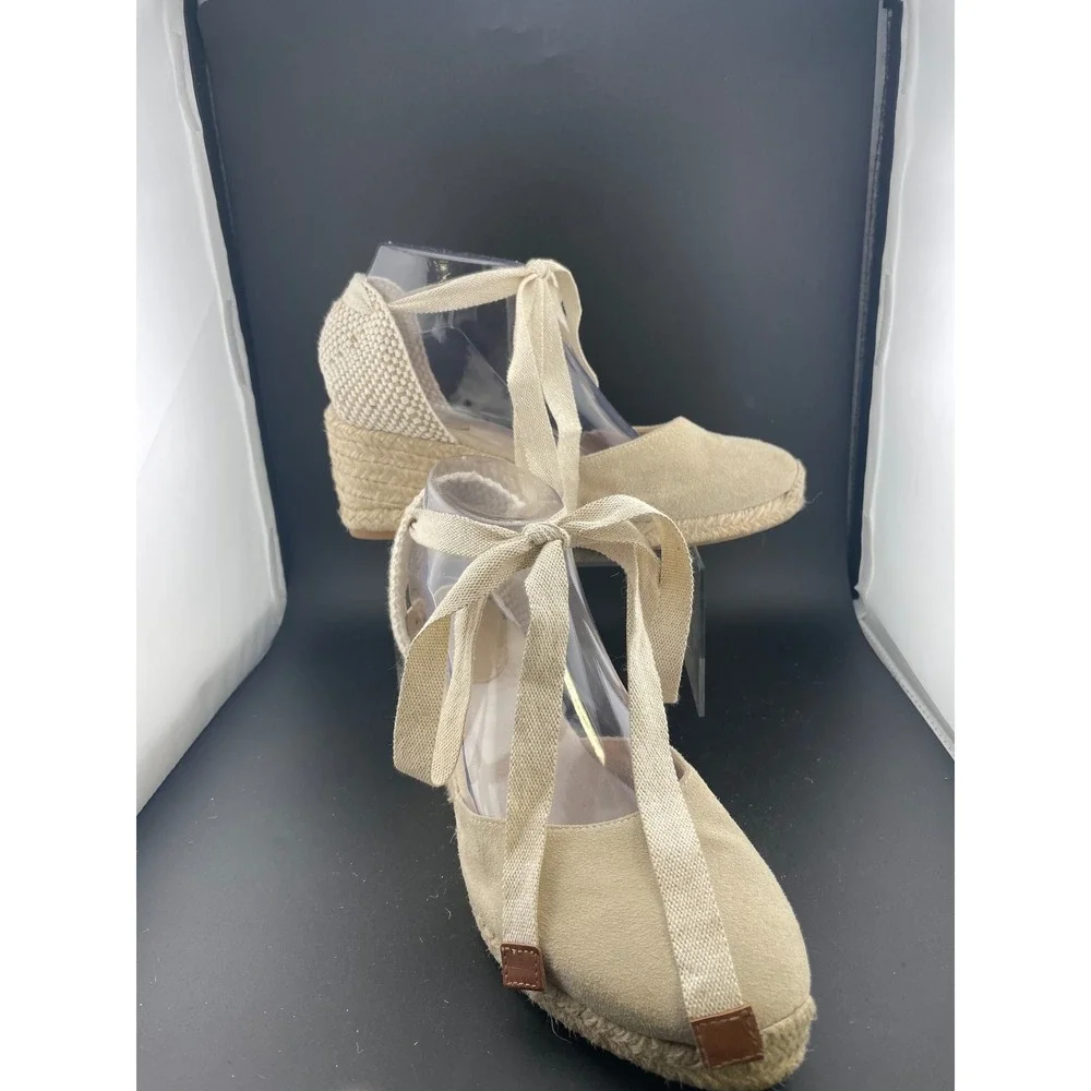 Boden Suede Lace Up Espadrille Wedges Beige Tan Ankle Tie Spain EU 39 US 8.5 9